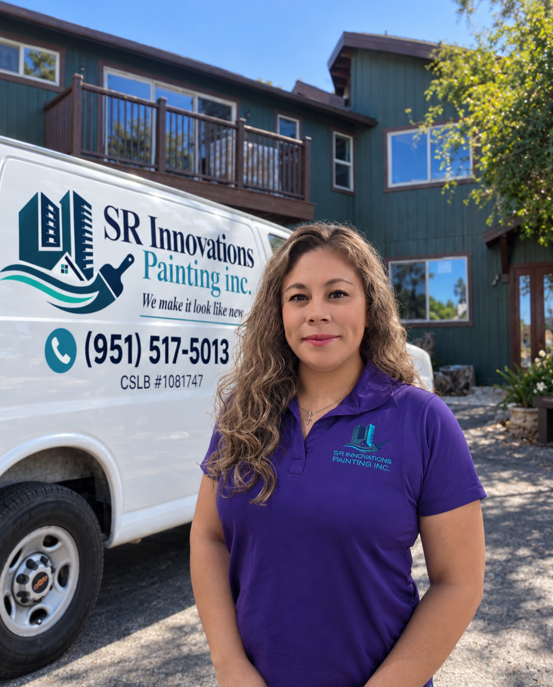 Rubi, founder of SR Innovations Painting, in front of the company van