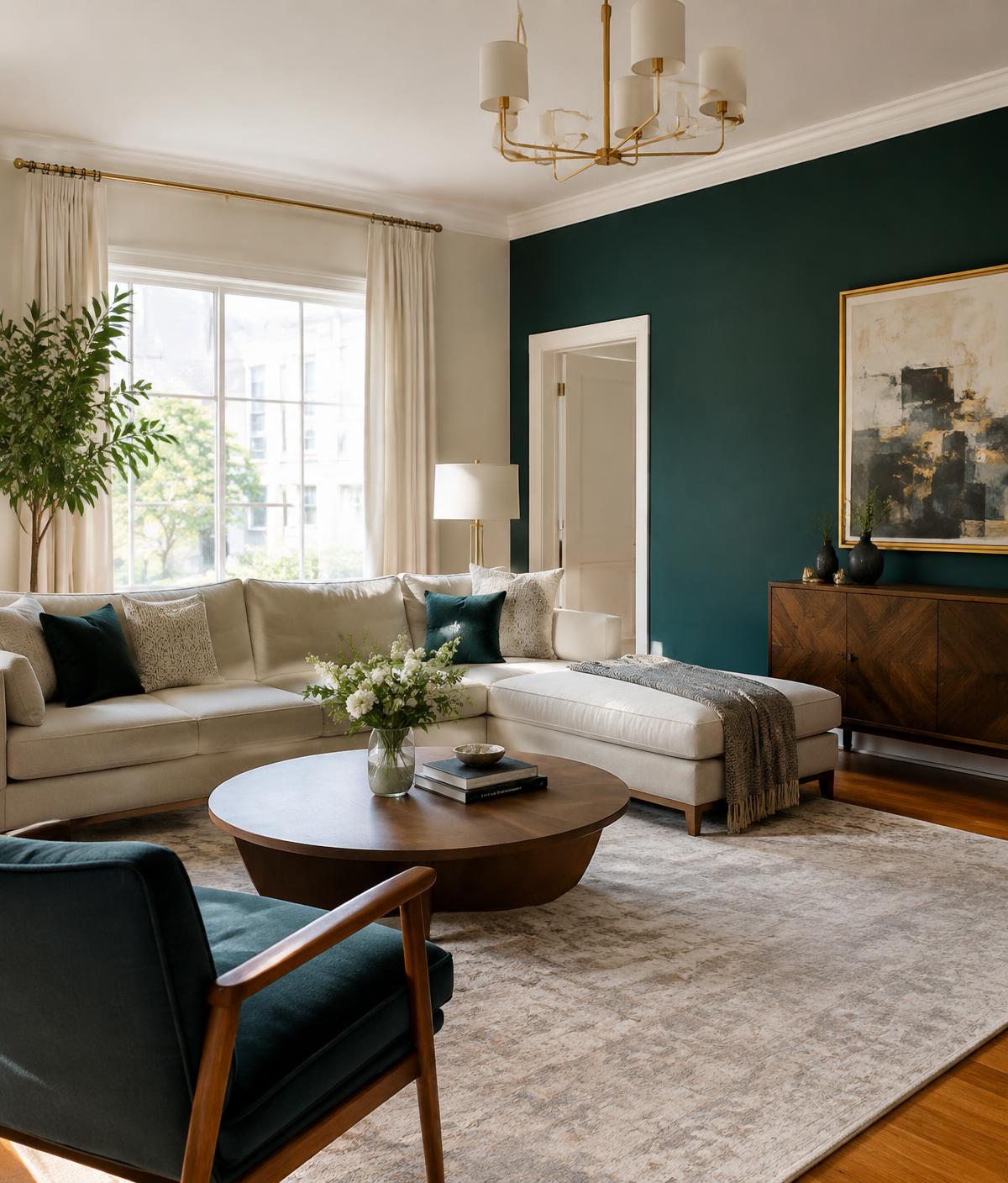 Living room with a deep teal accent wall